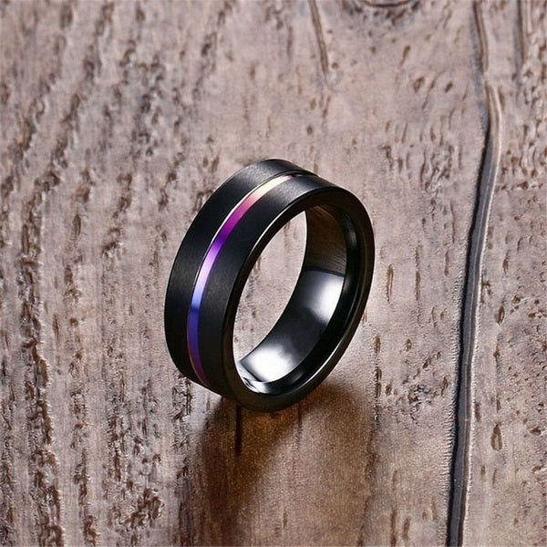 Origsoul black ring with purple stripe detail premium diamond couple jewelry on wooden surface