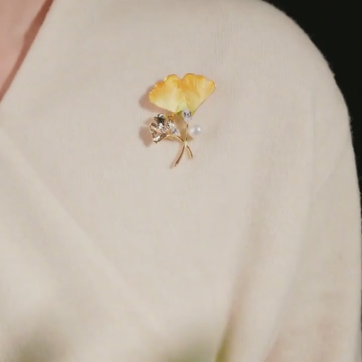 Origsoul Ginkgo Leaf Tree Brooch with Pearl & Crystal