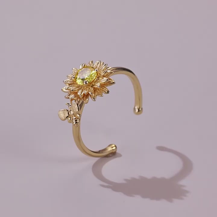 Origsoul Silver Sterling Ring with Sunflower & Bee Design