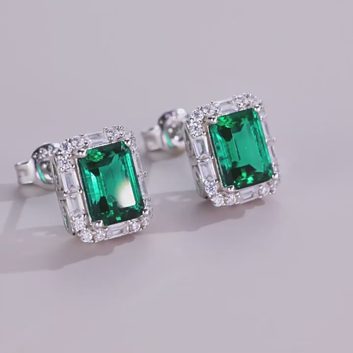 Origsoul Emerald Earrings Stud with Diamond Halo