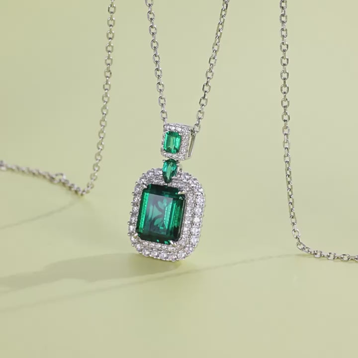 Origsoul Elegant Emerald Necklace with Diamond Halo