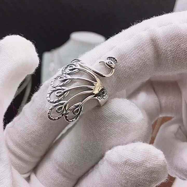 OrigSoul Peacock Adjustable Ring for Women- Elegant Silver Jewelry