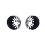 Origsoul retro black enamel earrings featuring cosmic sun and moon face design in silver-tone