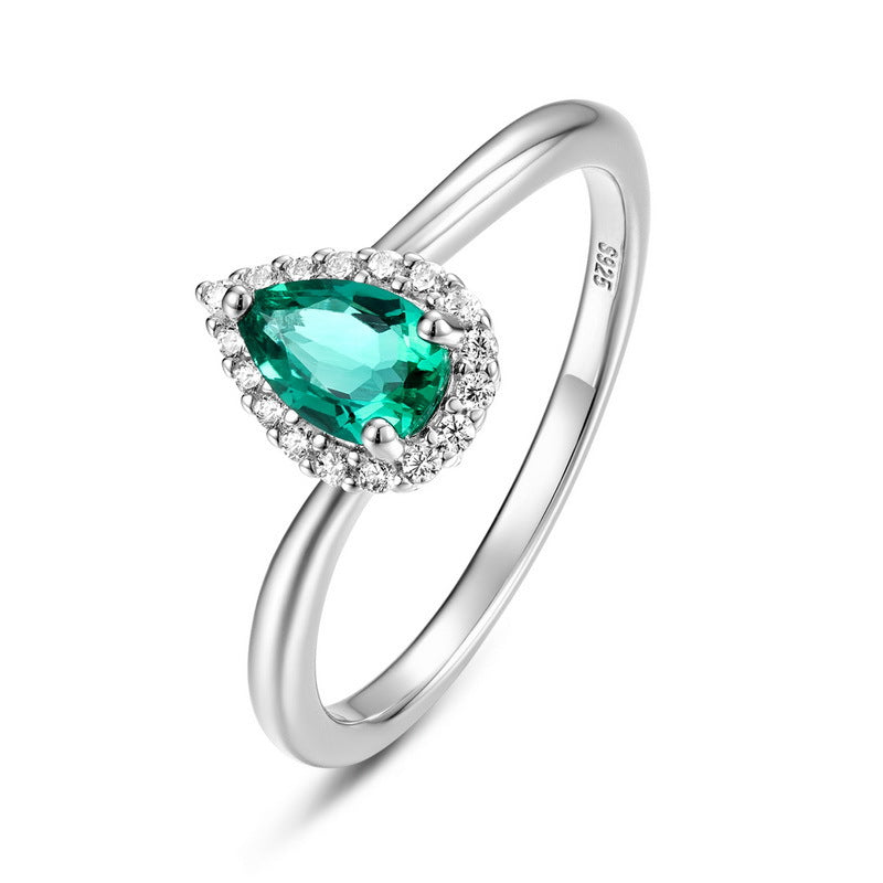 Origsoul ring sterling silver with pear-shaped green gemstone and small clear crystals