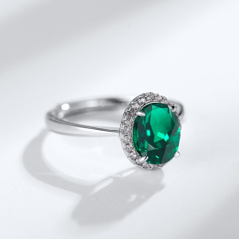 Origsoul ring sterling silver with oval green gemstone and surrounding small clear stones