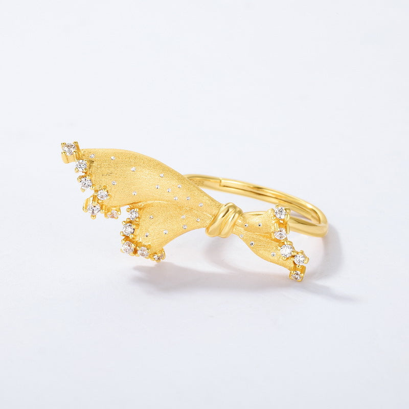 Origsoul delicate gold bow ring sterling silver with sparkling clear stones