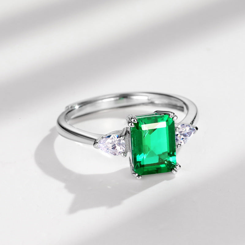 Origsoul ring sterling silver with rectangular green gemstone and two clear side stones