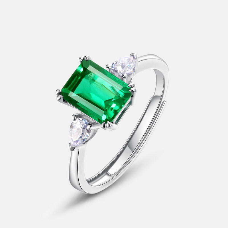 Origsoul ring sterling silver with rectangular green gemstone and two pear-shaped clear stones