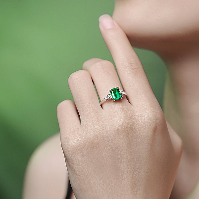 Origsoul ring sterling silver with green emerald-cut gemstone worn on hand