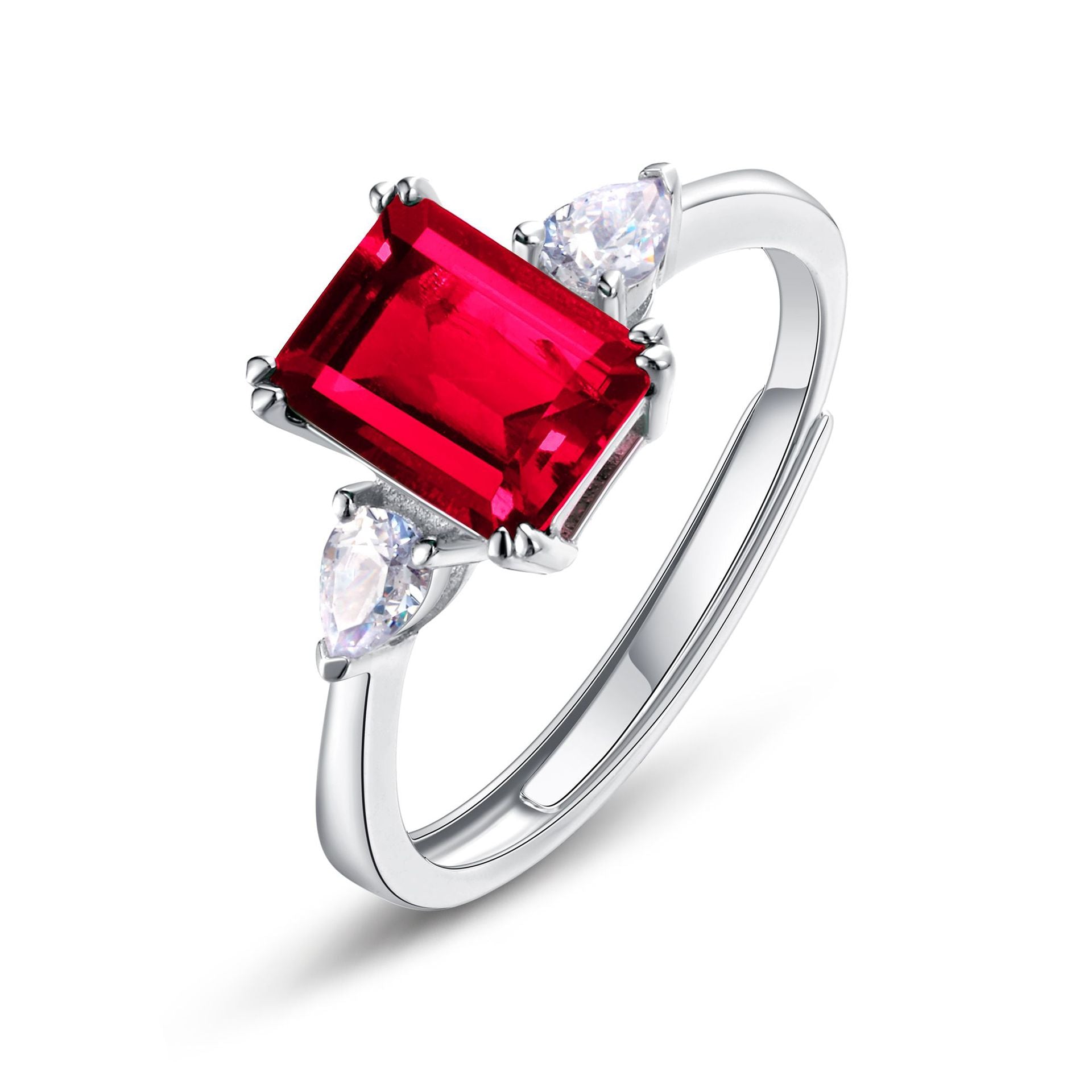 Origsoul ring sterling silver with a rectangular red gemstone and two clear side stones