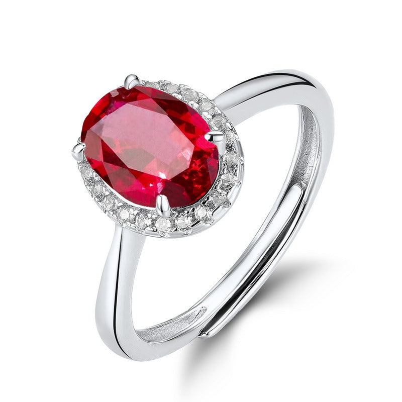 Origsoul ring sterling silver with large oval red gemstone surrounded by small clear stones