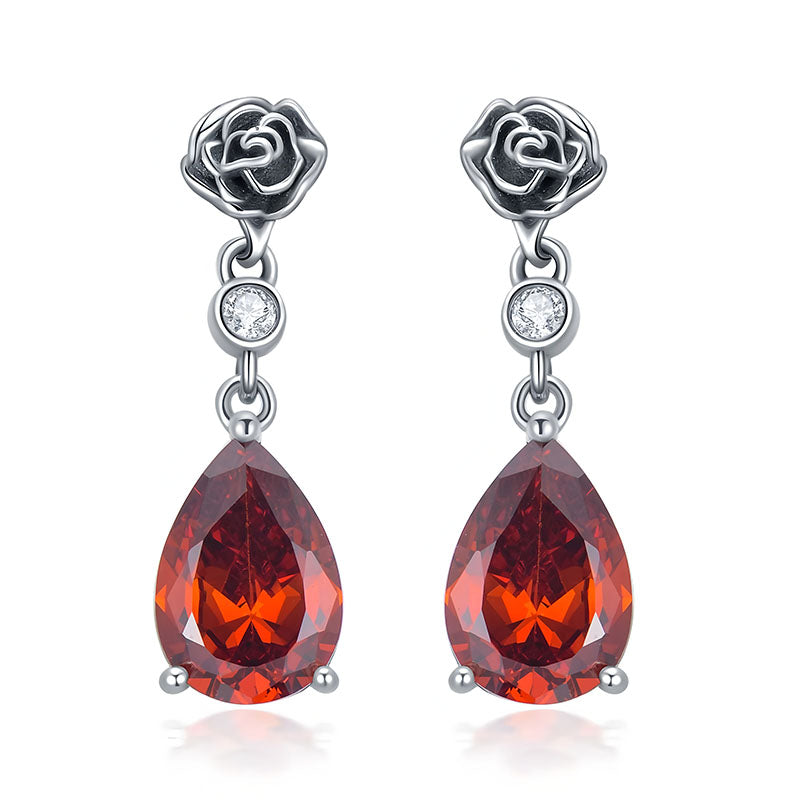 Origsoul rose colored gemstone earrings for women featuring rose-shaped tops and teardrop gems