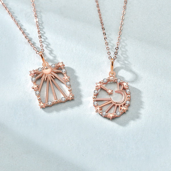 Origsoul rose gold sun moon star necklace with sparkling crystal accents on delicate chain