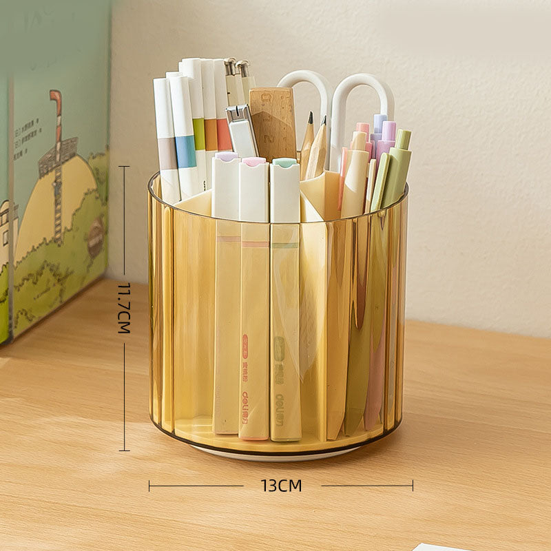 Origsoul rotating plastic pen holder in amber color filled with markers, pens, and pencils on desk