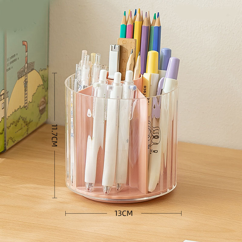 Origsoul rotating plastic pen holder with colorful pencils and white pens on wooden desk