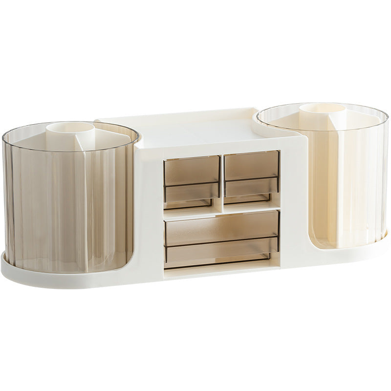 Origsoul rotating plastic pen holder with dual cylindrical compartments and multiple storage drawers