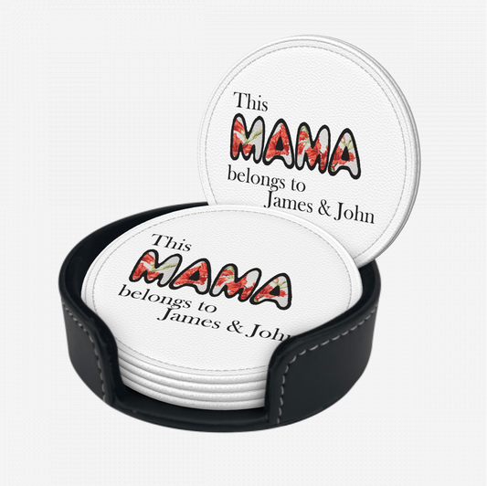 Customized round leather drink coasters with Mama design and personalized names in black holder