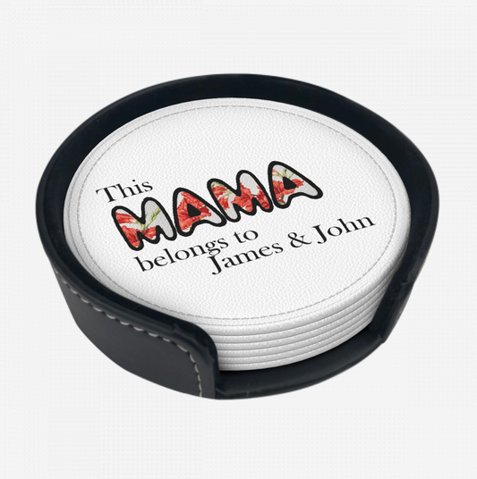 Origsoul customized round leather drink coasters in white with floral text design and black holder