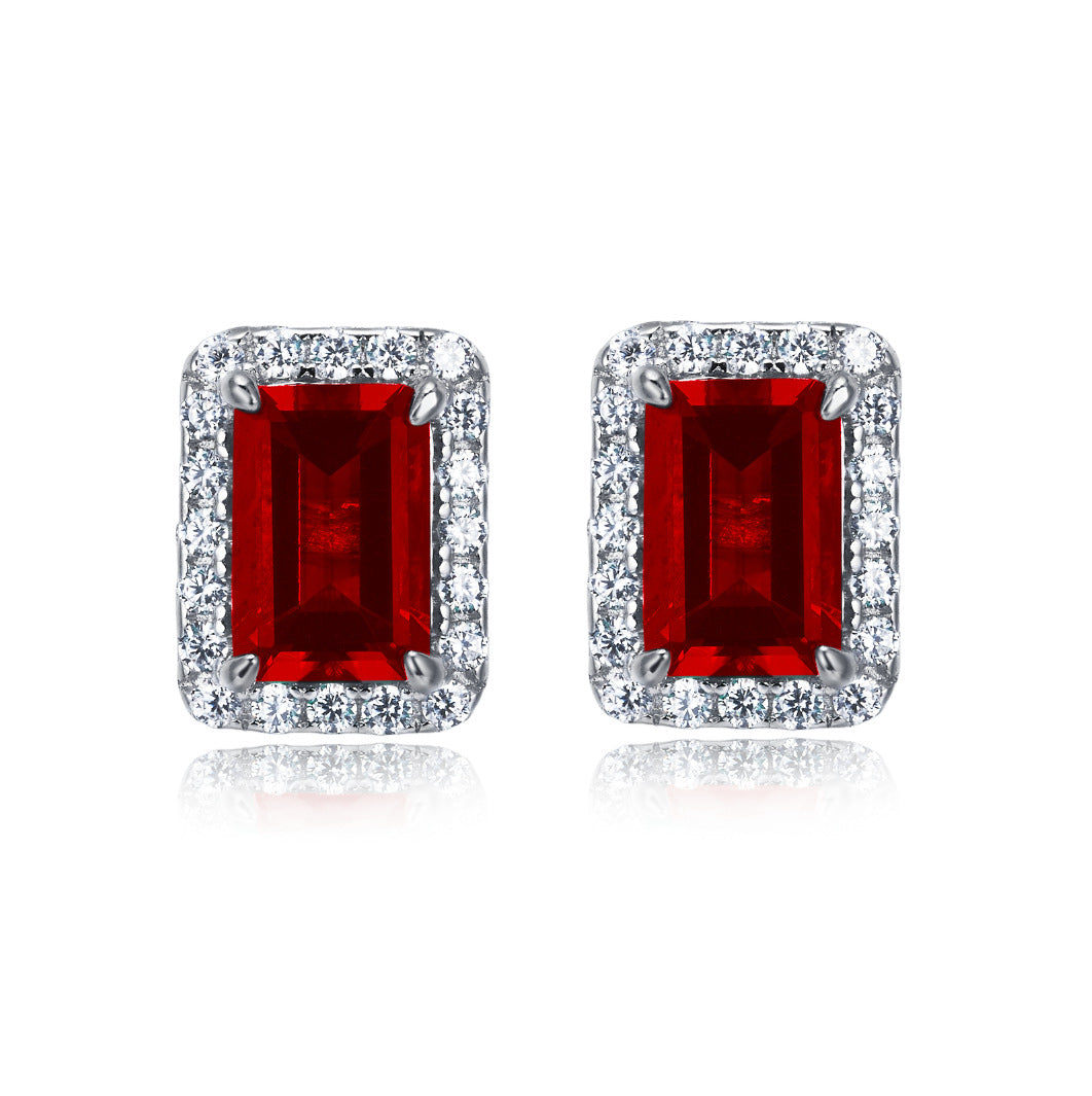 Origsoul red gemstone ear stud earrings with sparkling clear crystal border in silver setting