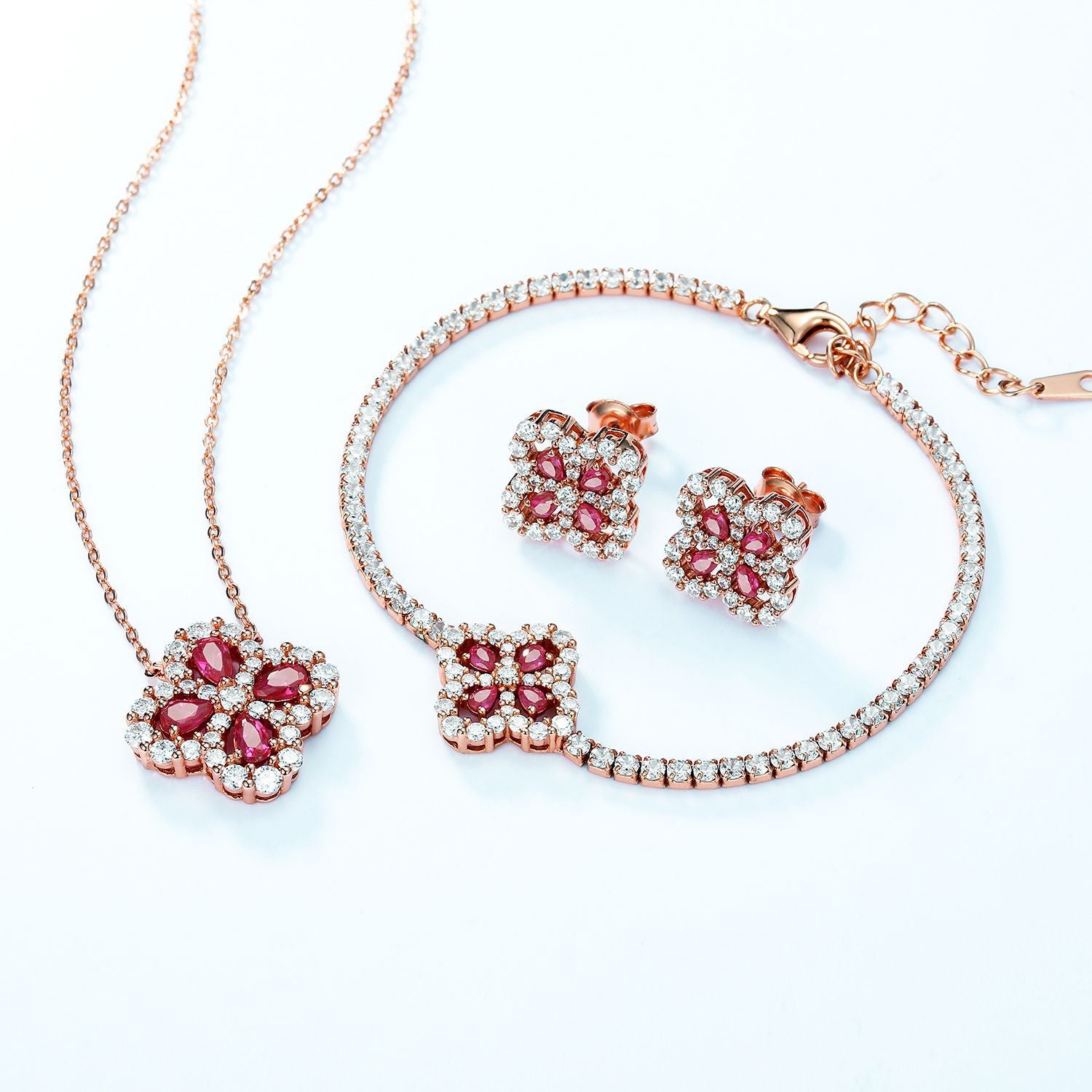 Origsoul ruby necklace with matching ruby and diamond bracelet and earrings set in rose gold