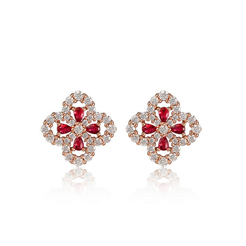 Origsoul elegant ruby necklace earrings with red ruby and clear crystal floral design