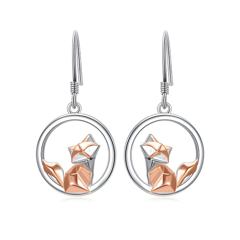 Origsoul S925 fox pendant earrings in silver and rose gold featuring an elegant origami design