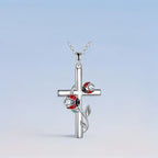 Origsoul S925 sterling silver ladybug cross necklace featuring red ladybugs and sparkling stones