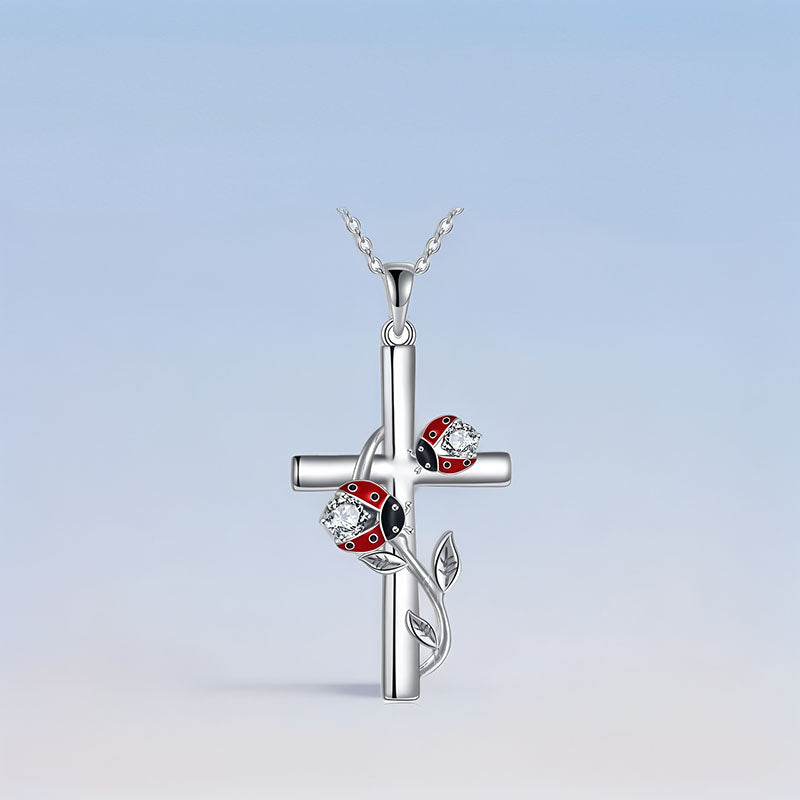 Origsoul S925 sterling silver ladybug cross necklace featuring red ladybugs and sparkling stones
