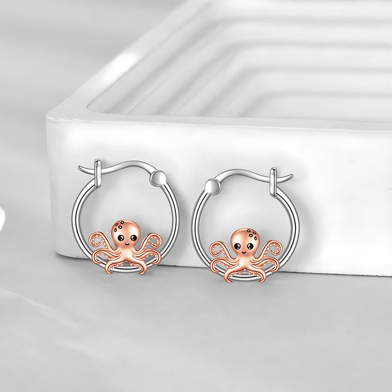 S925 sterling silver marine life earrings featuring a cute octopus design with rose gold accents