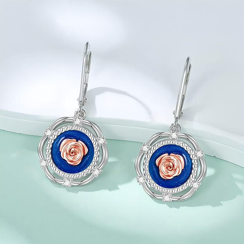 Origsoul S925 sterling silver rose earrings with blue and rose gold detailing for elegant style