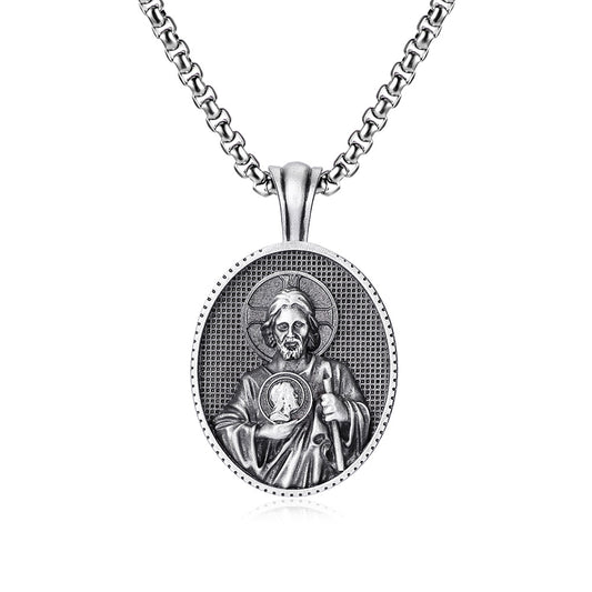 Origsoul Tranquil Spirit Collection Saint Jude pendant necklace with detailed silver oval medallion and chain