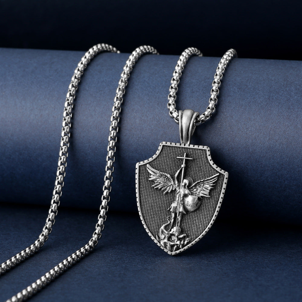 Saint michael pendant for men shield design with detailed angel figure on silver chain from Origsoul Tranquil Spirit Collection