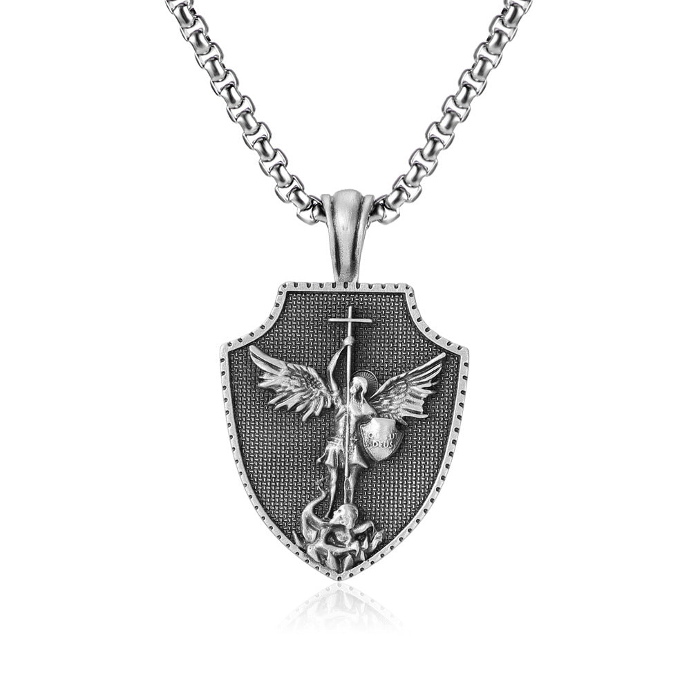 Tranquil Spirit Collection silver saint michael pendant for men with shield and chain by Origsoul