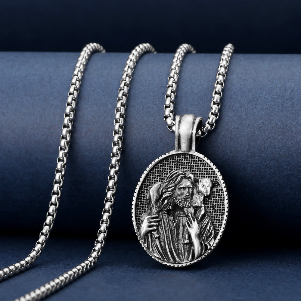 Shepherd Jesus pendant necklace from Origsoul Tranquil Spirit Collection in silver with detailed engraving