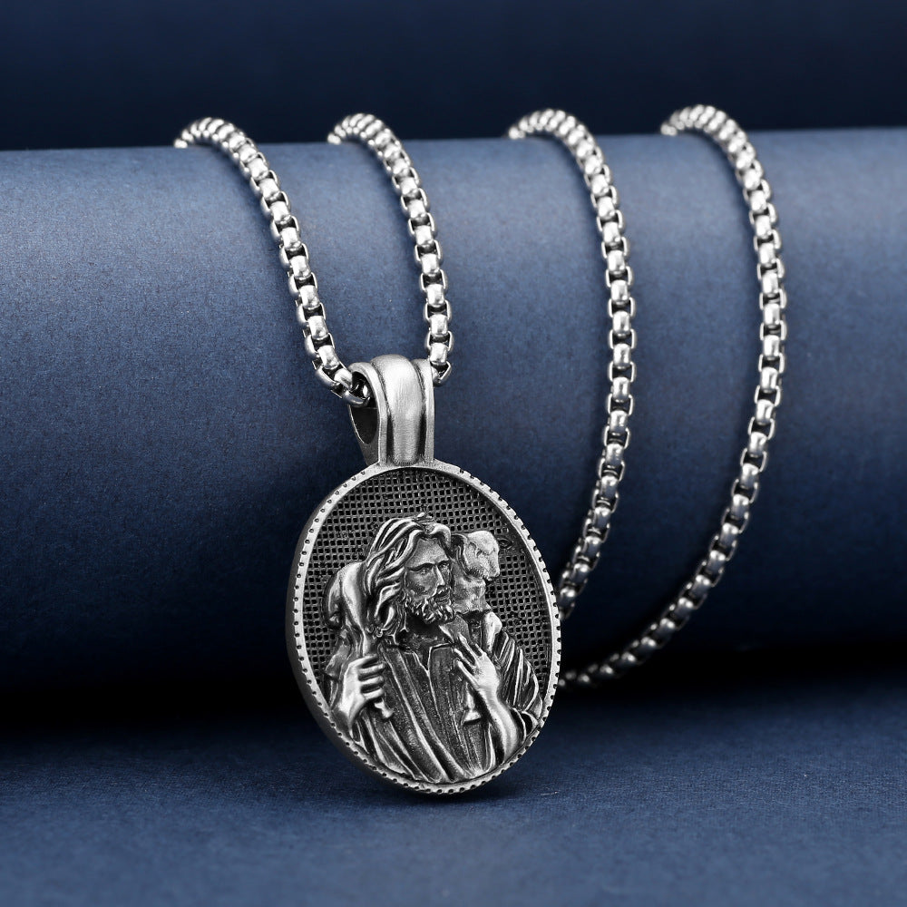 Origsoul Shepherd Jesus pendant necklace from Tranquil Spirit Collection with detailed silver oval pendant and chain
