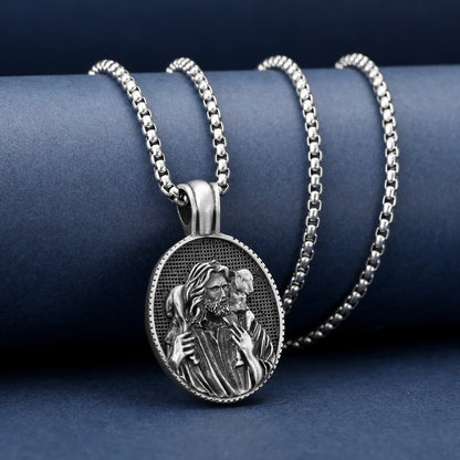 Origsoul Shepherd Jesus pendant necklace from Tranquil Spirit Collection with detailed silver oval pendant and chain