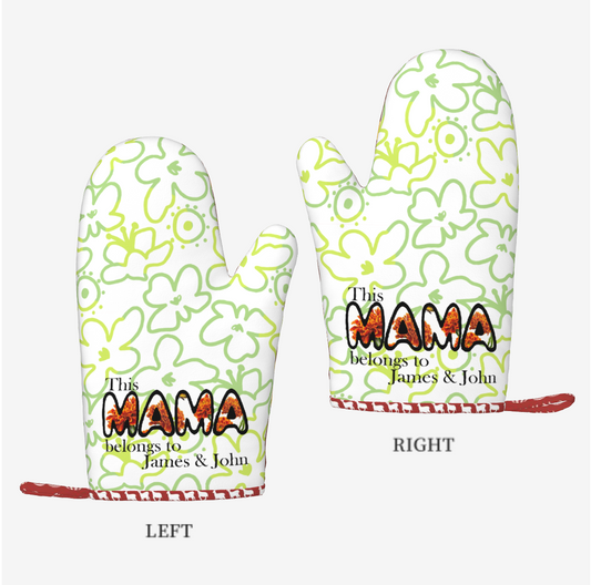 Customized Origsoul silicone oven gloves with green floral design and personalized text for Mama