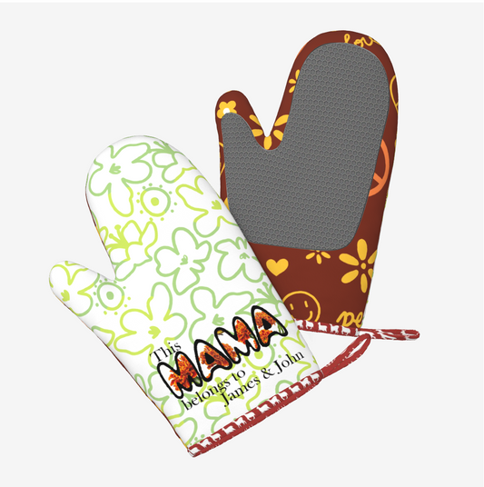Customized silicone oven gloves by Origsoul with floral designs and personalized text for heat protection