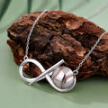 Origsoul baseball infinity pendant necklace with silver chain and detailed baseball charm on wood background