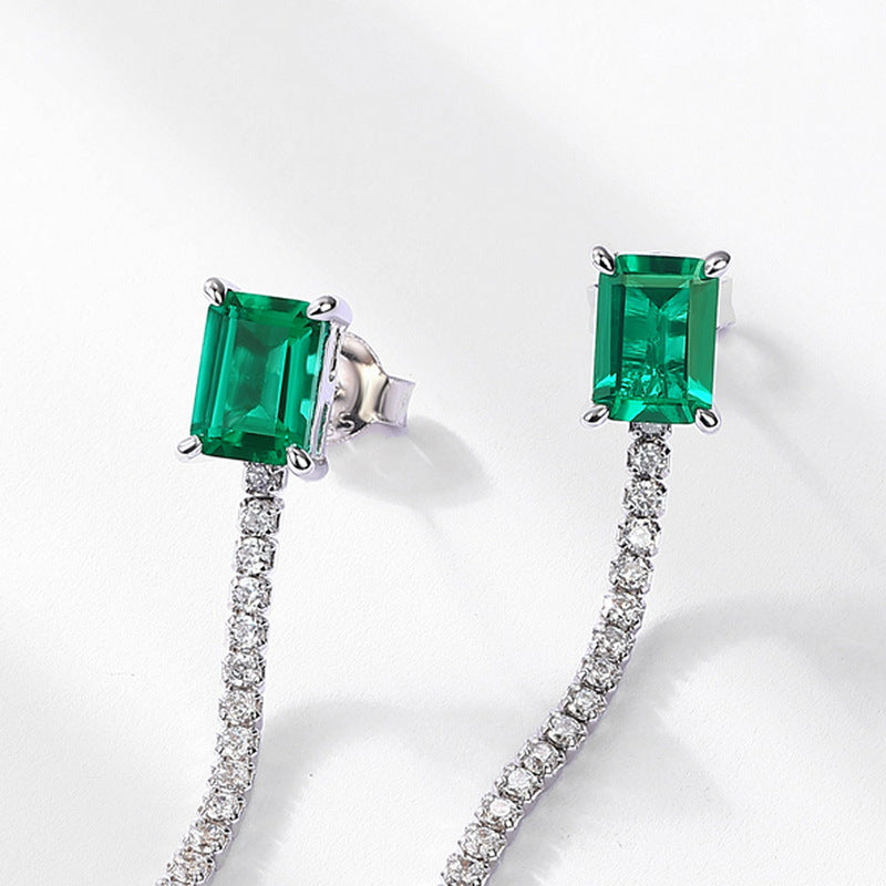Origsoul silver earrings sterling with rectangular green gemstones and sparkling diamond chains
