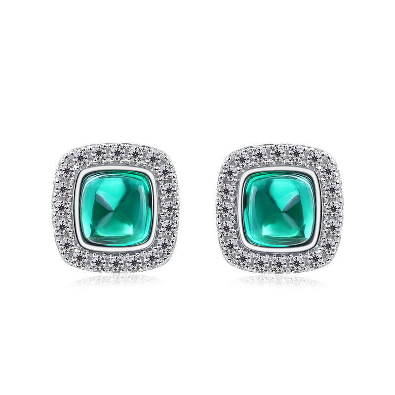 Origsoul silver earrings sterling with square green gemstones and sparkling crystal accents