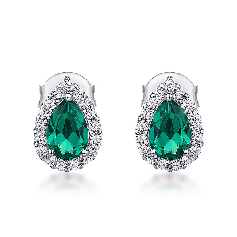 Origsoul silver earrings sterling with teardrop green gemstone surrounded by clear crystals