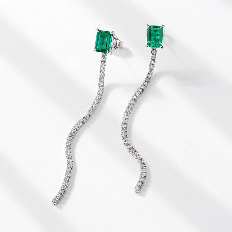 Origsoul silver earrings sterling with green rectangular stones and long curved crystal chains