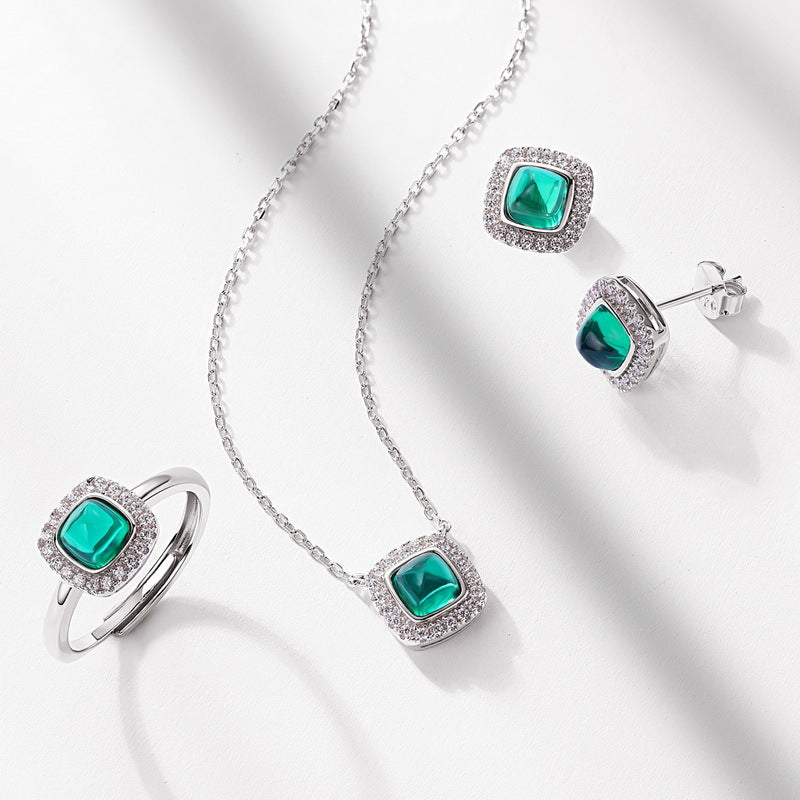 Origsoul silver earrings sterling set with green gemstone and matching ring and necklace
