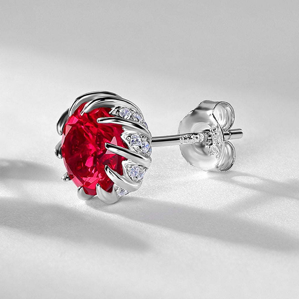 Origsoul silver earrings sterling stud with red gemstone and small clear stones in silver prong setting