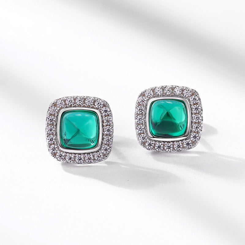 Origsoul silver earrings sterling with green gemstones and crystal accents in square design