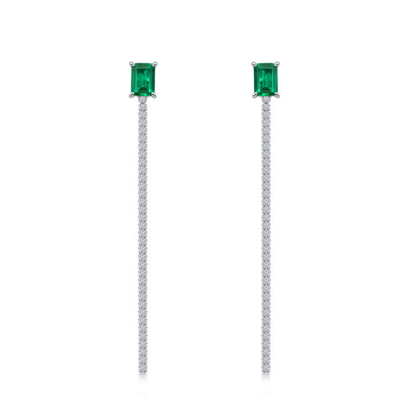 Origsoul silver earrings sterling featuring emerald green square stones with long dangling crystal chains