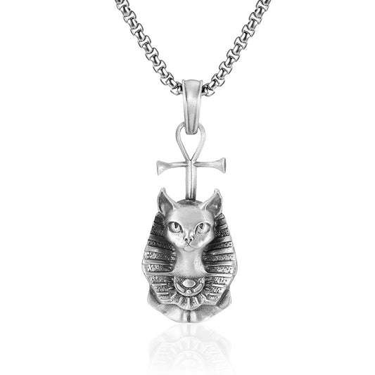 Origsoul silver Egyptian cat necklace pendant with ankh symbol and detailed feline design