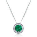 Origsoul emerald necklace with round green gemstone surrounded by small clear crystals on silver chain