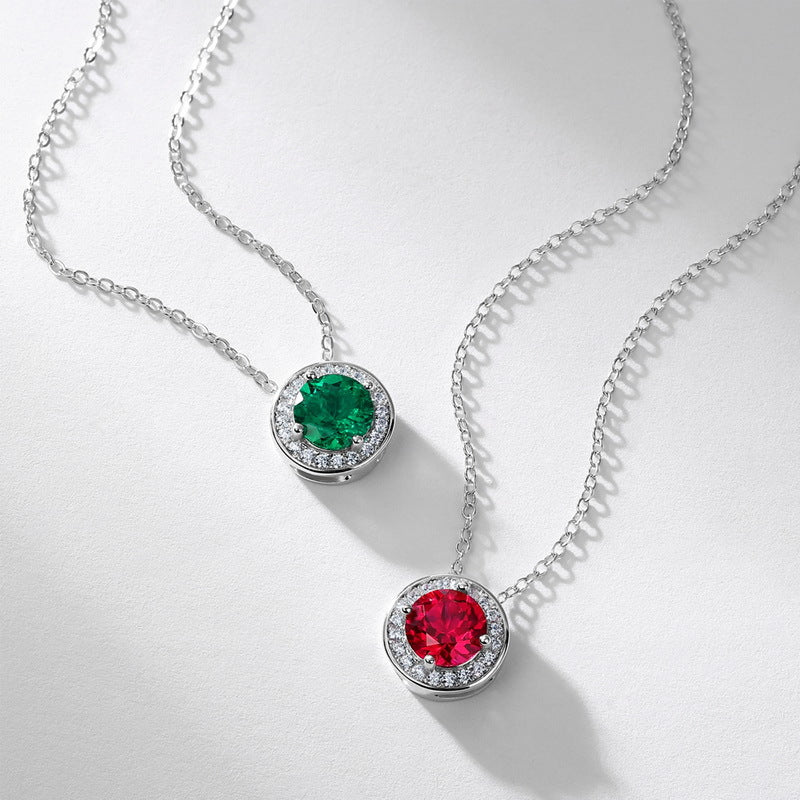 Origsoul silver chain emerald necklace with round green gemstone pendant surrounded by small crystals